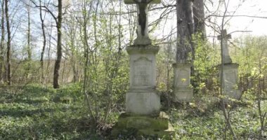 Eski bir kilise mezarlığında mezar taşı ve mezarlar. Eski mezarlıktaki eski mezar taşları. Ön planda büyük Cristian haçı şeklinde mezar taşları var..