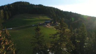 Alp dağlarındaki ahşap evin insansız hava aracı görüntüsü. Baharda Avustralya köyü ve Alpler 'in havadan görünüşü. Yeşil orman, tarla, beyaz gökyüzü ve güneşli gün. Avrupa. 4K video.