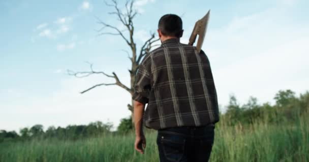 Vista trasera. un hombre con un hacha en el hombro se levanta a un viejo árbol seco. cielo azul hermoso — Vídeo de stock