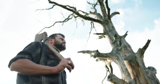 Bebaarde brutale man houthakker met een bijl in een bos close-up portret van onderen — Stockvideo