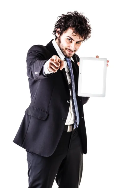 Uomo d'affari che punta con un tablet — Foto Stock