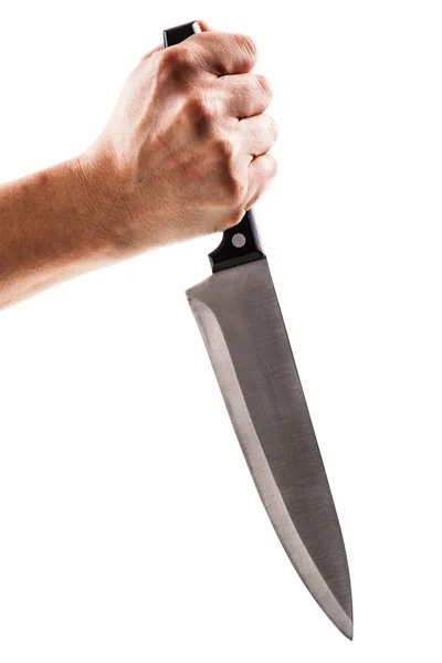 Holding a big kitchen knife on white — Stock Photo, Image