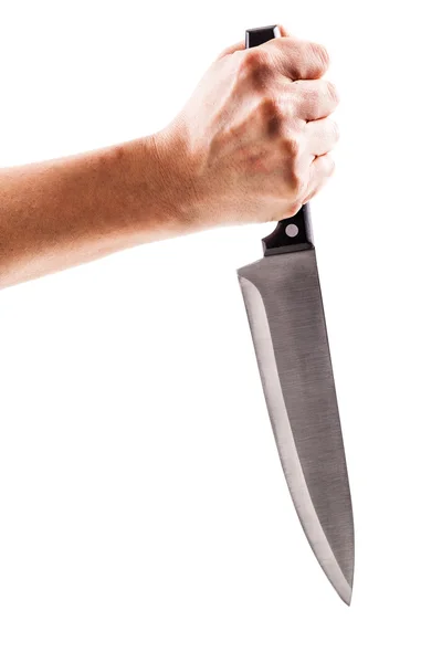 Holding a kitchen knife on white — Stock Photo, Image