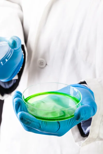 Sosteniendo una placa de Petri con líquido verde — Foto de Stock