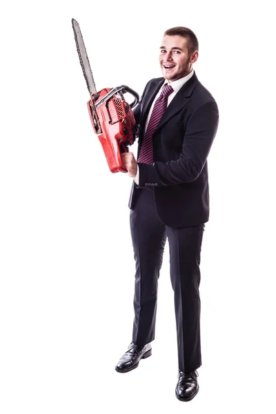Crazy Businessman holding a chainsaw — Stock Photo, Image