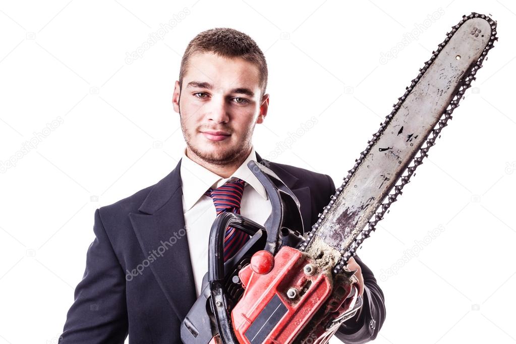 Businessman with red chain saw