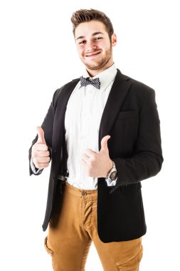 Başparmak yukarıya ve gülümseyen