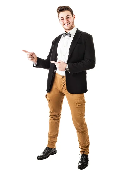 Guy with bow tie pointing — Stock Photo, Image