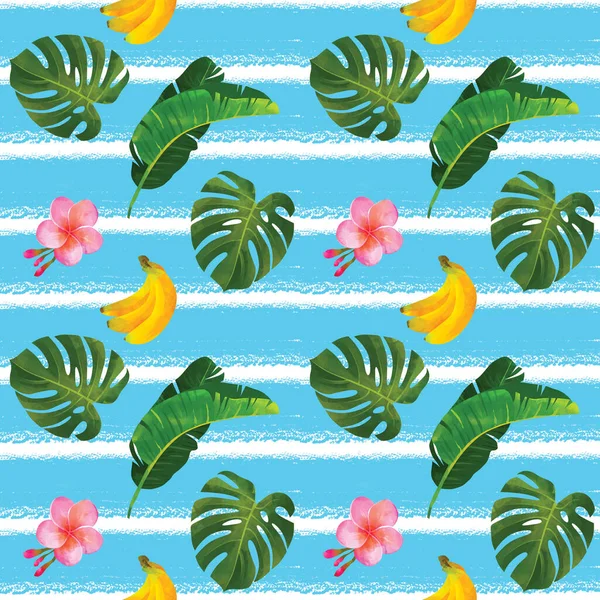 Tropical Seamless Pattern Monstera Banana Leaves Bananas Hibiscus Flowers Fashionable — Stock Photo, Image