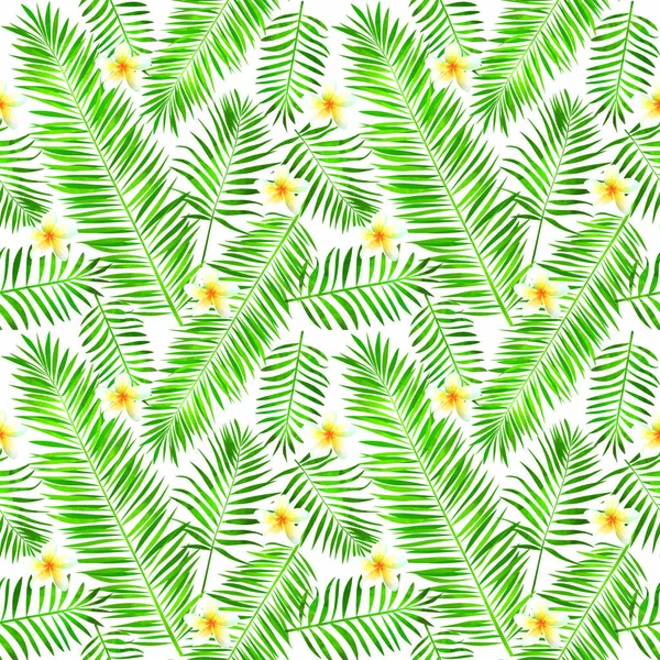 Узор Штемпелей Пальмовыми Листьями Цветками Плюмерии Модный Экзотический Летний Фон — стоковое фото