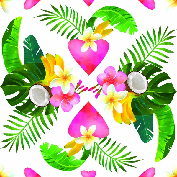 Motif Tropical Sans Couture Avec Bouquet Feuilles Monstère Hibiscus Plumeria — Photo