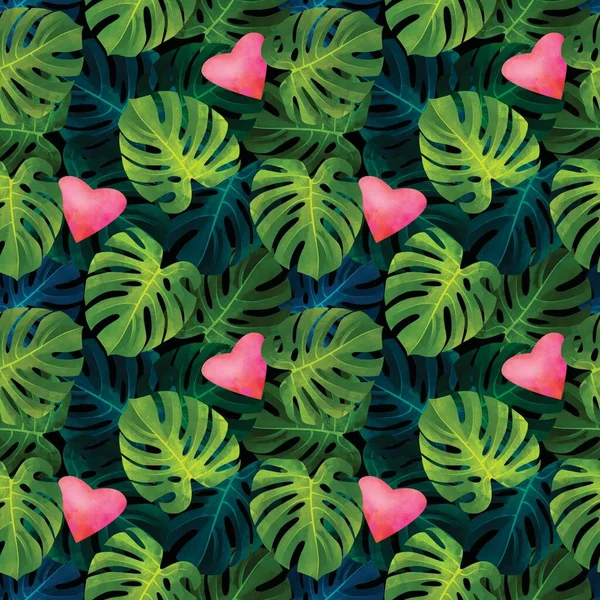 Tropical Απρόσκοπτη Μοτίβο Φύλλα Monstera Και Καρδιές Μοντέρνο Καλοκαιρινό Εξωτικό — Φωτογραφία Αρχείου