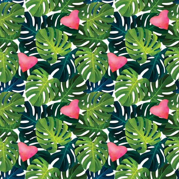Tropical seamless pattern with monstera leaves and hearts. Fashionable summer exotic background. Hawaiian t-shirt and swimwear texture.