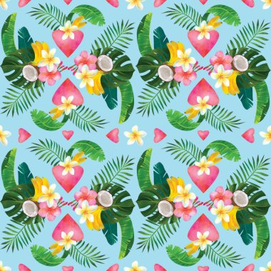 Bir buket canavar yaprağı, amber, tesisat, hindistan cevizi, muz, kalp ile tropik ve pürüzsüz desen. Modaya uygun bitki çizimi. Yaz dönemi. Tekstil ve ambalaj kağıdı için mükemmel..