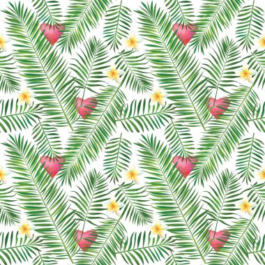 Palmiye yaprakları ve Plumeria çiçekleriyle tropik, pürüzsüz desen. Modaya uygun egzotik yaz geçmişi. Hawaii tişörtü ve mayo tekstili.
