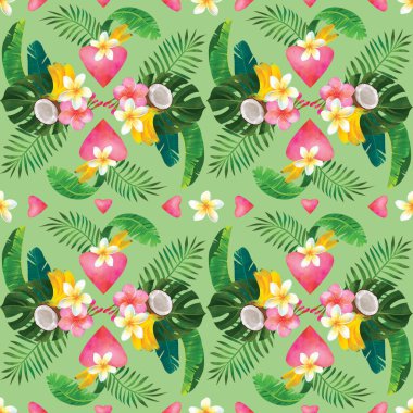 Bir buket canavar yaprağı, amber, tesisat, hindistan cevizi, muz, kalp ile tropik ve pürüzsüz desen. Modaya uygun bitki çizimi. Yaz dönemi. Tekstil ve ambalaj kağıdı için mükemmel..