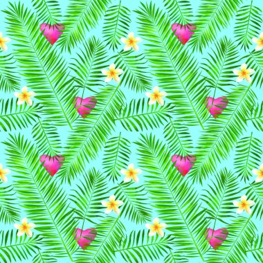 Palmiye yaprakları ve Plumeria çiçekleriyle tropik, pürüzsüz desen. Modaya uygun egzotik yaz geçmişi. Hawaii tişörtü ve mayo tekstili.