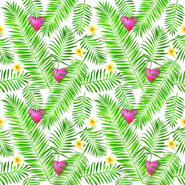 Тропічний Безшовний Візерунок Пальмовим Листям Квітами Сантехніками Цікаве Екзотичне Літнє — стокове фото