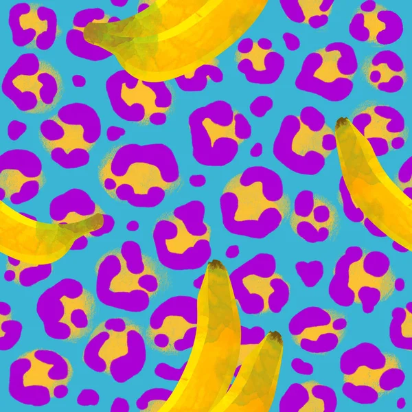 Seamless Animal Pattern Leopard Hot Summer Background Bananas African Wallpaper — Φωτογραφία Αρχείου