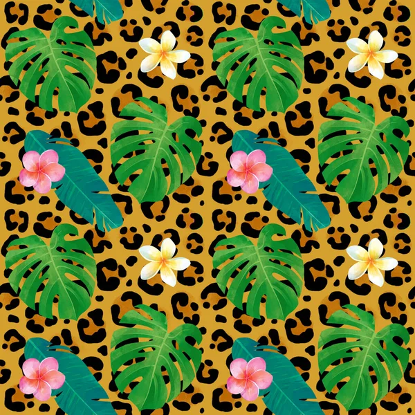无缝隙动物模式 金银花 香蕉叶 水仙花的豹夏季炎热的背景 非洲壁纸 适合包装 纺织品 — 图库照片
