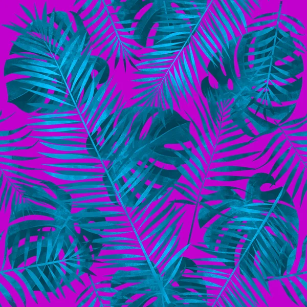 Seamless Summer Pattern Tropical Palm Monstera Leaves Exotic Background Fabric — Stock Photo, Image