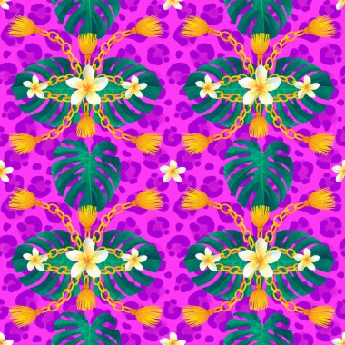 Kusursuz hayvan şekli. Leopar sıcak yaz arkaplanı, muz yaprakları, plumeria çiçeği, altın zincir. Afrika duvar kâğıdı, ambalaj, tekstil ve tasarım için uygun. Pembe arkaplan.