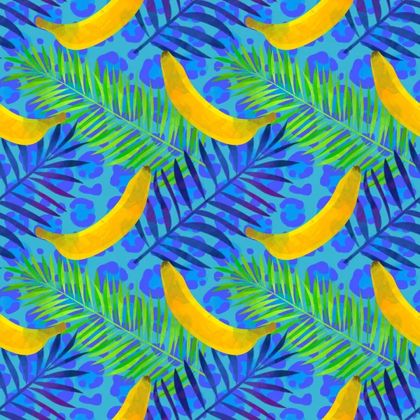 Бесшовный Рисунок Животного Леопардовый Жаркий Летний Фон Пальмовыми Листьями Бананами — стоковое фото