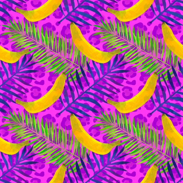 Seamless Animalistic Pattern Leopard Hot Summer Background Palm Leaves Bananas — Stock Photo, Image