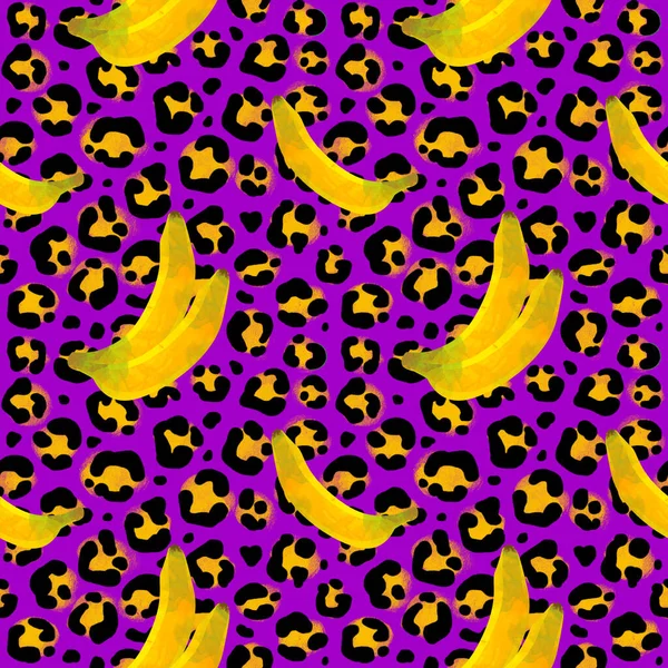Бесшовный Рисунок Животного Леопардовый Жаркий Летний Фон Бананами Африканские Обои — стоковое фото