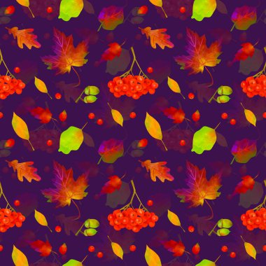 Kusursuz akçaağaç yaprağı, kızılcık, meşe yaprağı ve meşe palamudu deseni. Renkli sonbahar yapraklı sonbahar arkaplanı.