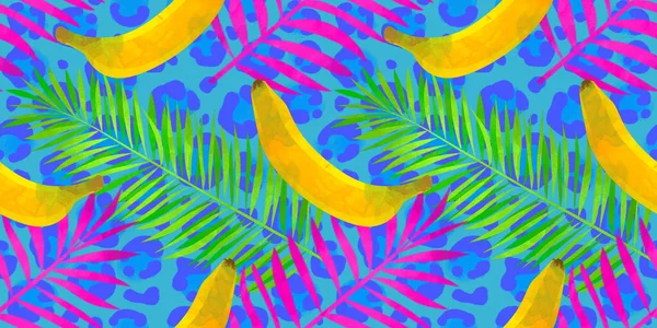 Nahtloses Tiermuster Leopard Heißen Sommer Hintergrund Mit Tropischen Palmblättern Bananen — Stockfoto