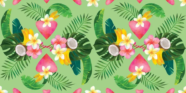 Tropical Seamless Pattern Bouquet Monstera Leaves Hibiscus Plumeria Coconut Banana — Stock Photo, Image