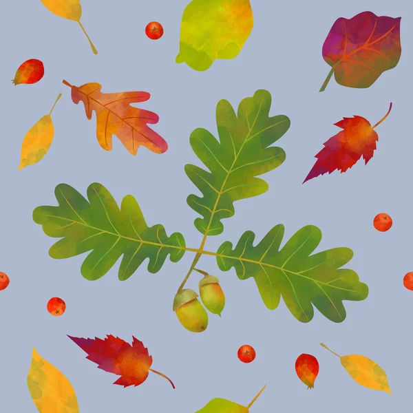 橡树叶和橡果的无缝图案 秋天的背景 有五彩缤纷的秋叶 九月墙纸 — 图库照片