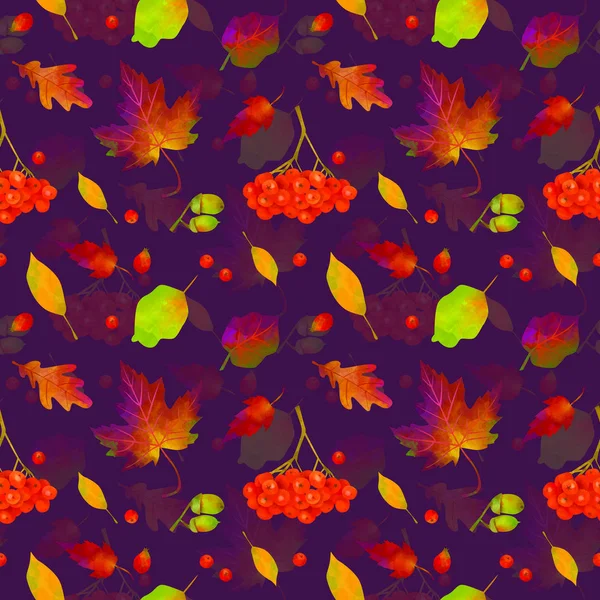 Nahtloses Muster Aus Ahornblättern Vogelbeeren Eichenblättern Und Eicheln Herbst Hintergrund — Stockfoto