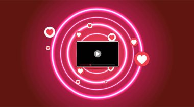 Video ekran oynatma düğmesi, Streaming Preview şablonu, 3d beğeni ve kalbi olan, mutlu canlı, sosyal medya konsepti medya simgeleri, sohbet kutusu ve yaratıcı tasarım, şirin multimedya vektörü