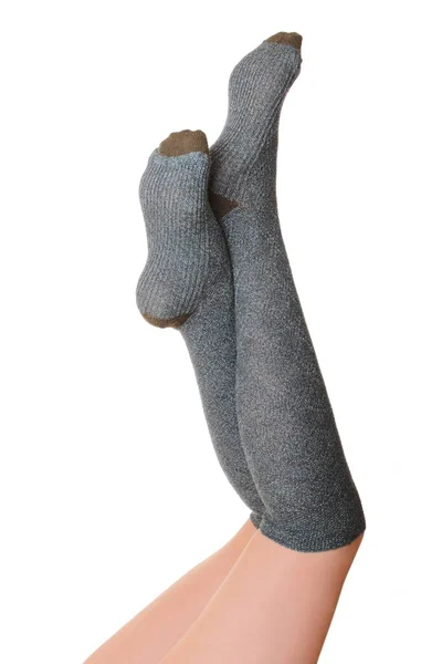 Long Legs Girl Wearing Grey Warm Socks Isolated White — Stock Photo, Image