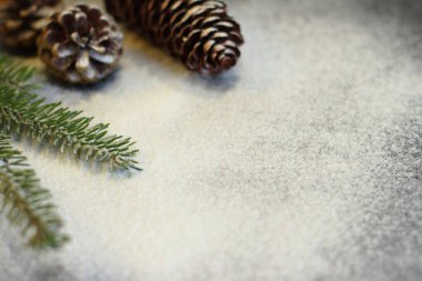 Noel ve Yeni Yıl Dekorasyonu, kürk ağacı ve karlı çam kozalağı, şenlikli daire 2021 