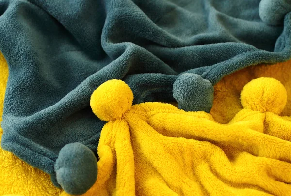Carreaux Plaids Bleus Jaunes Avec Pompon Couverture Textile Maison Avec — Photo