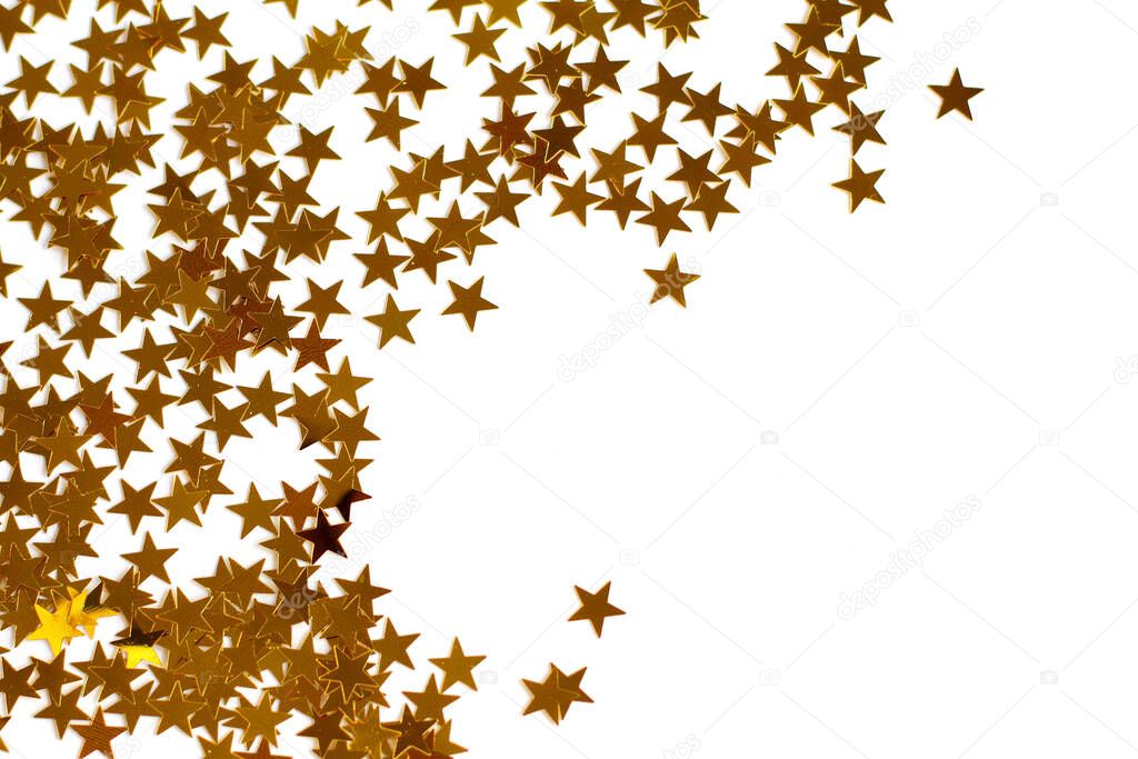 Festive background. Shining confetti stars on white background. Christmas. Wedding. Birthday. Happy woman's day. Mothers Day. Valentine's Day. Flat lay, top view, copy space