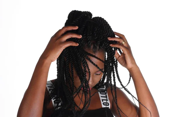 Chica Negra Con Rastas Deporte Casual Camiseta Rastas Afro Peinado — Foto de Stock