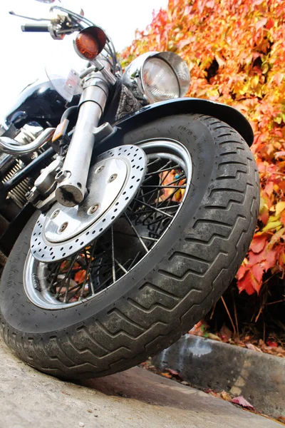 Motorcycle vintage cruiser. Motorbike view from below.