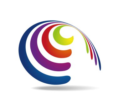 Şeffaf bir koninin etrafında birkaç paralel renk çizgisi var. Logo