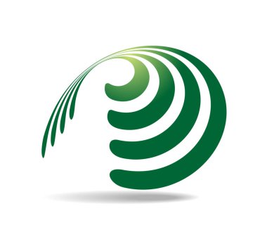 Şeffaf bir koninin etrafında birkaç paralel yeşil çizgi var. Logo