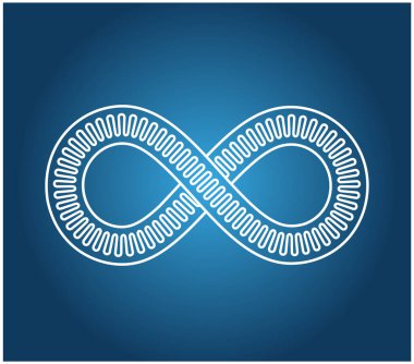 Mobius döngüsü üç beyaz çizgiden oluşur, iç kısmı dalgalanır. Mavi arka planda. Sonsuzluğun işareti. Sonsuzluk sembolü 8-8