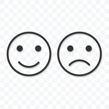 Gülümseyen mutlu ve üzgün ikon vektör çizimi izole işaret sembolü - şeffaf arkaplanda siyah ve beyaz stil.