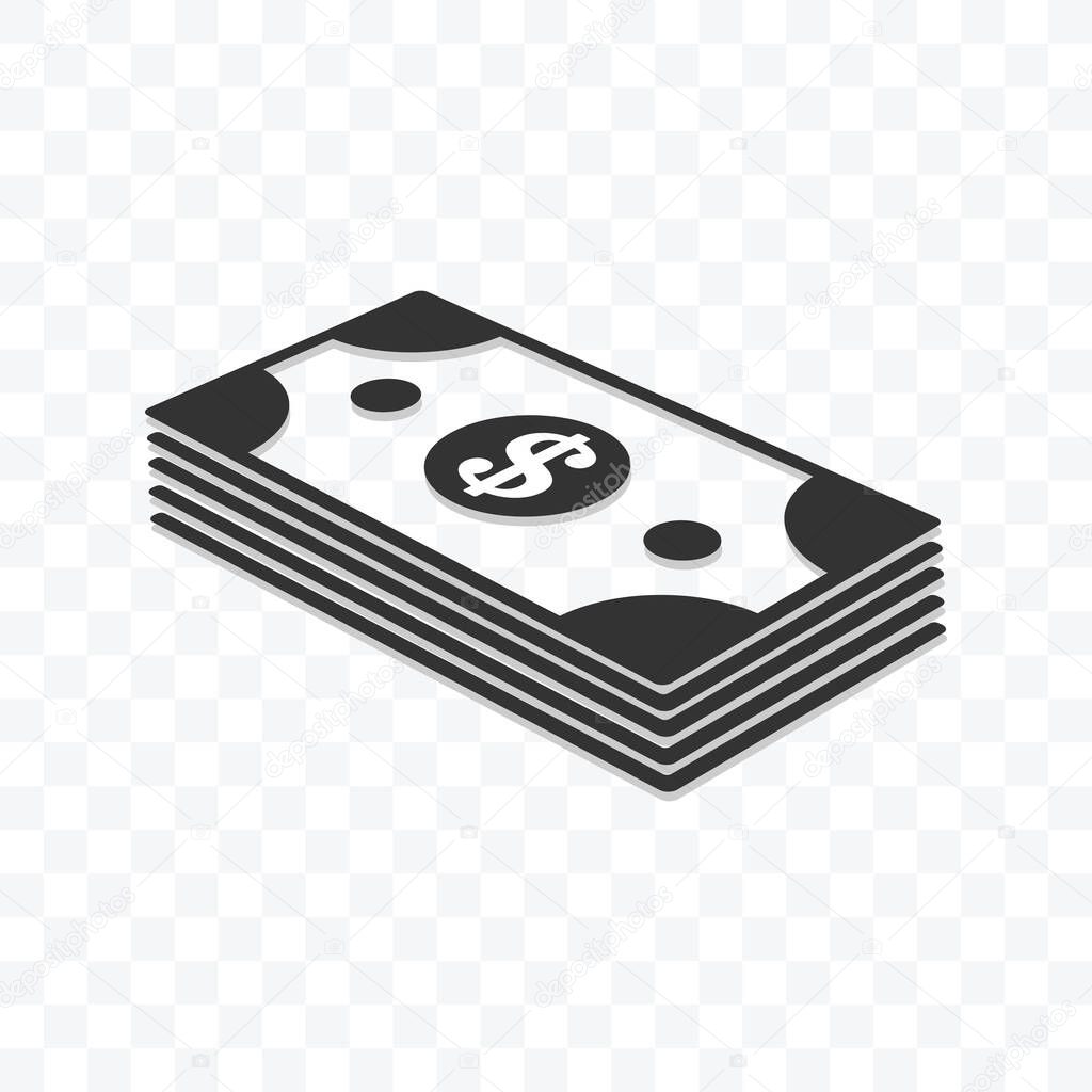 Cash dollar paper money icon vector illustration isolated sign symbol - black and white style in transparent background.