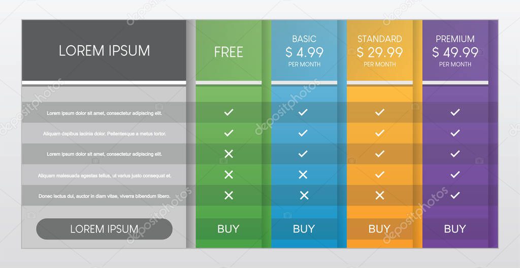Colorful of pricing table with four options vector illustration on gray background.