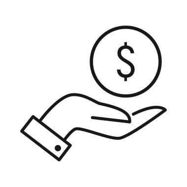 Avuç içi simgesinin üzerindeki dolar para birimi beyaz arkaplandaki düz stil tasarım vektör çizimi.