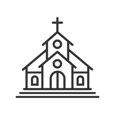 Beyaz arkaplanda ana hatlı kilise binası simgesi izole edilmiş düz stil tasarım vektör çizimi.