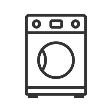 Beyaz arkaplanda ana hatlı çamaşır makinesi simgesi izole edilmiş düz stil tasarım vektör çizimi.